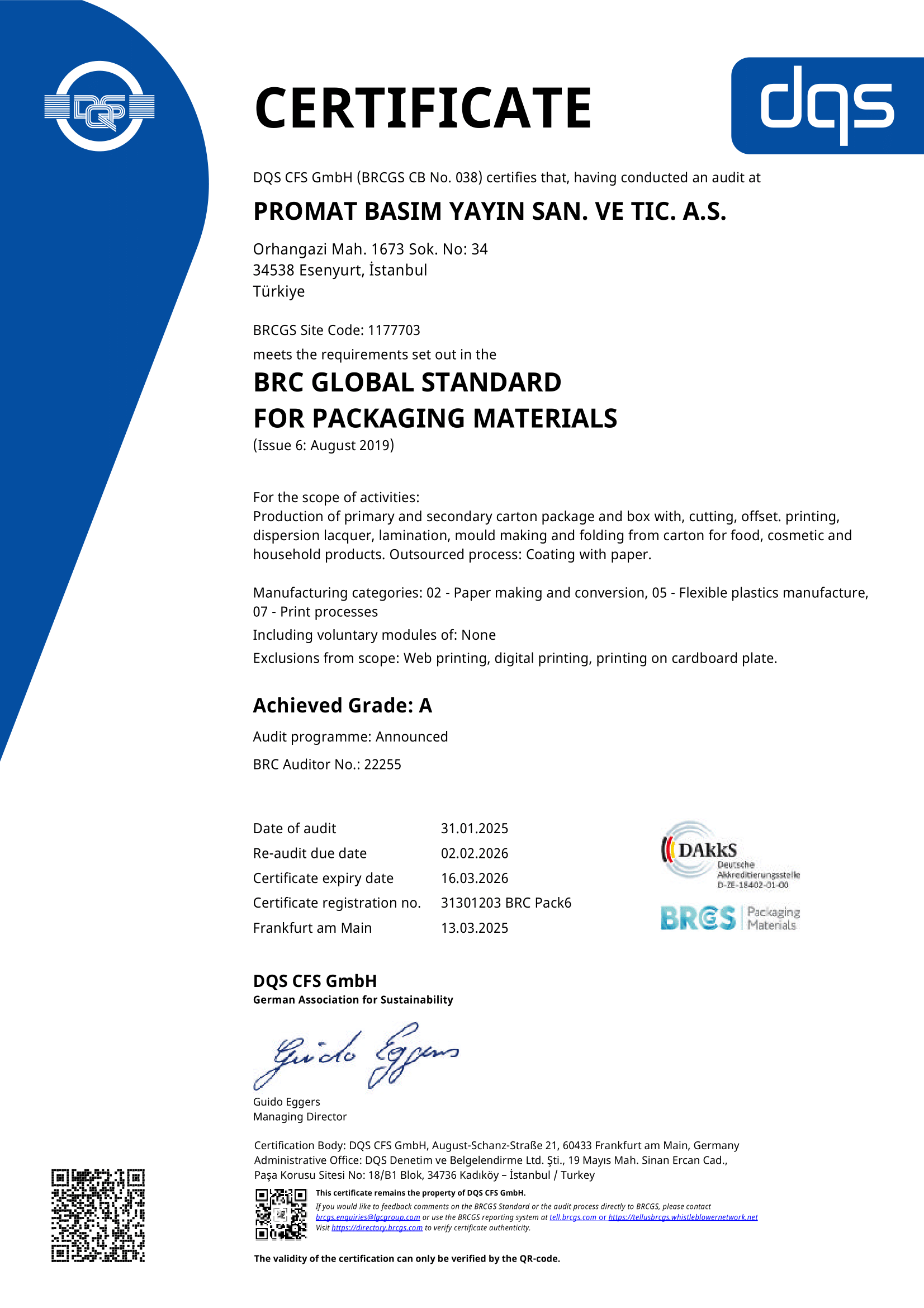 Promat | BRC Ambalaj Malzemeleri Global Standardı Sertifikası