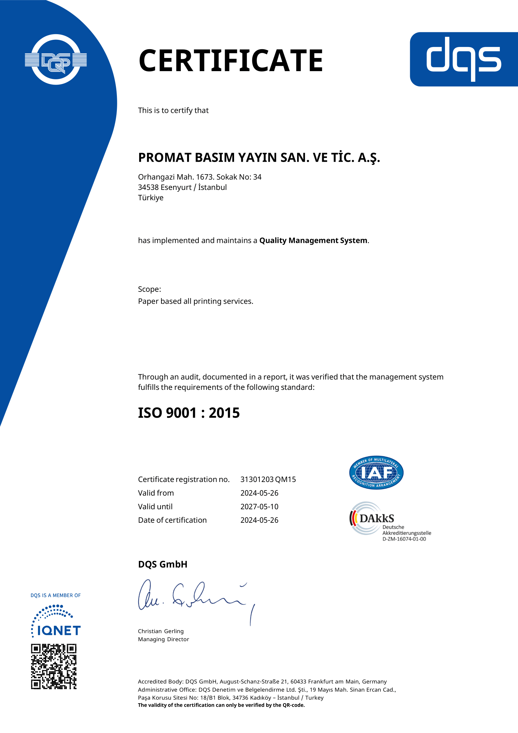 Promat | ISO 9001:2015 Kalite Yönetim Sistemi Sertifikası (EN)