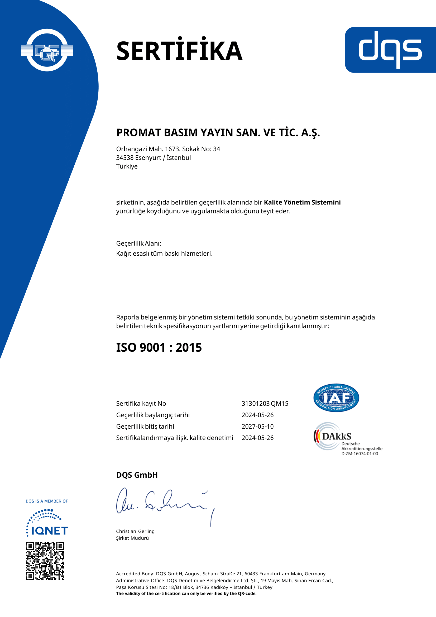 Promat | ISO 9001:2015 Kalite Yönetim Sistemi Sertifikası (TR)
